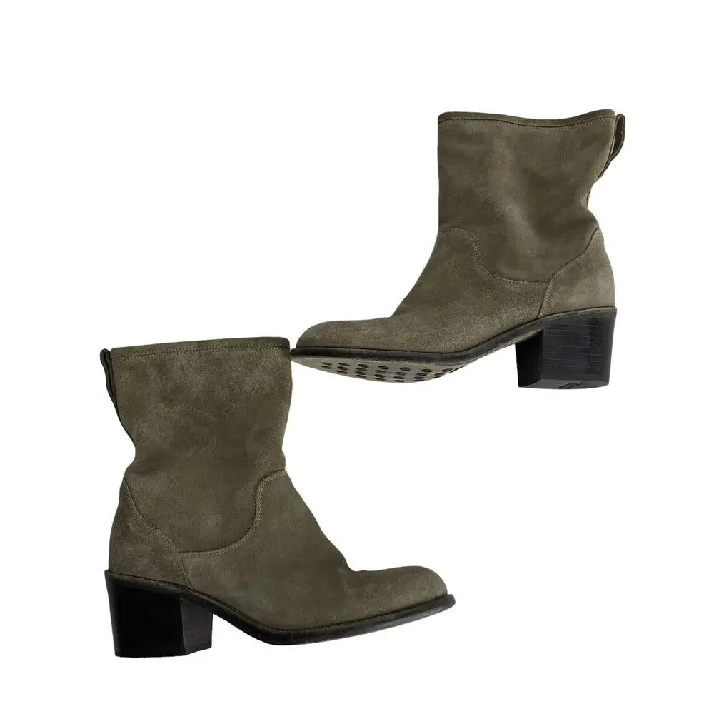 AGL ATTILIO GIUSTI LEOMBRUNI Taupe Tan Suede Ankle Chunky Heel Slouch Boots 37.5